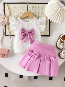 两件套女婴针织提花荷叶袖蝴蝶结饰边背心上衣和褶皱蝴蝶结半裙套装，时尚可爱休闲装 - 白色 - 查看 7