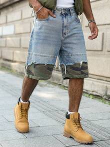 Manfinity EMRG 男士休闲迷彩拼接牛仔短裤，夏季 - 藍色 - 查看 3