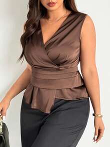 Firerie Plus Size Elegant Casual Sleeveless V-Neck Satin Irregular Hem Fitted Blouse, Suitable For Spring, Summer, Autumn And Winter, Versatile For Daily Commute, Summer Tops - Brown - View 7