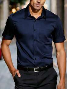 Manfinity Mode Men's Business Casual Printed Short Sleeve Shirt - Navy Blue - View 1