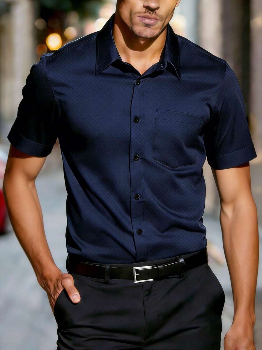 Manfinity Mode Men's Business Casual Printed Short Sleeve Shirt - Navy Blue - View 1