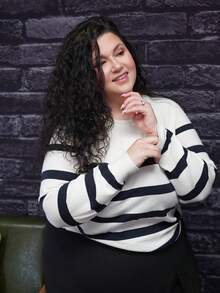 Truni Plus Size Casual Versatile Colorblock Striped Sweater, For Pear Triangle Body Shape - Multicolor - View 4