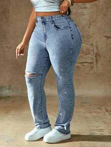 Truni Plus Size Casual Washed Distressed Rhinestone Embellished Jeans, For Pear & Triangle Body Shape - Blue - View 4