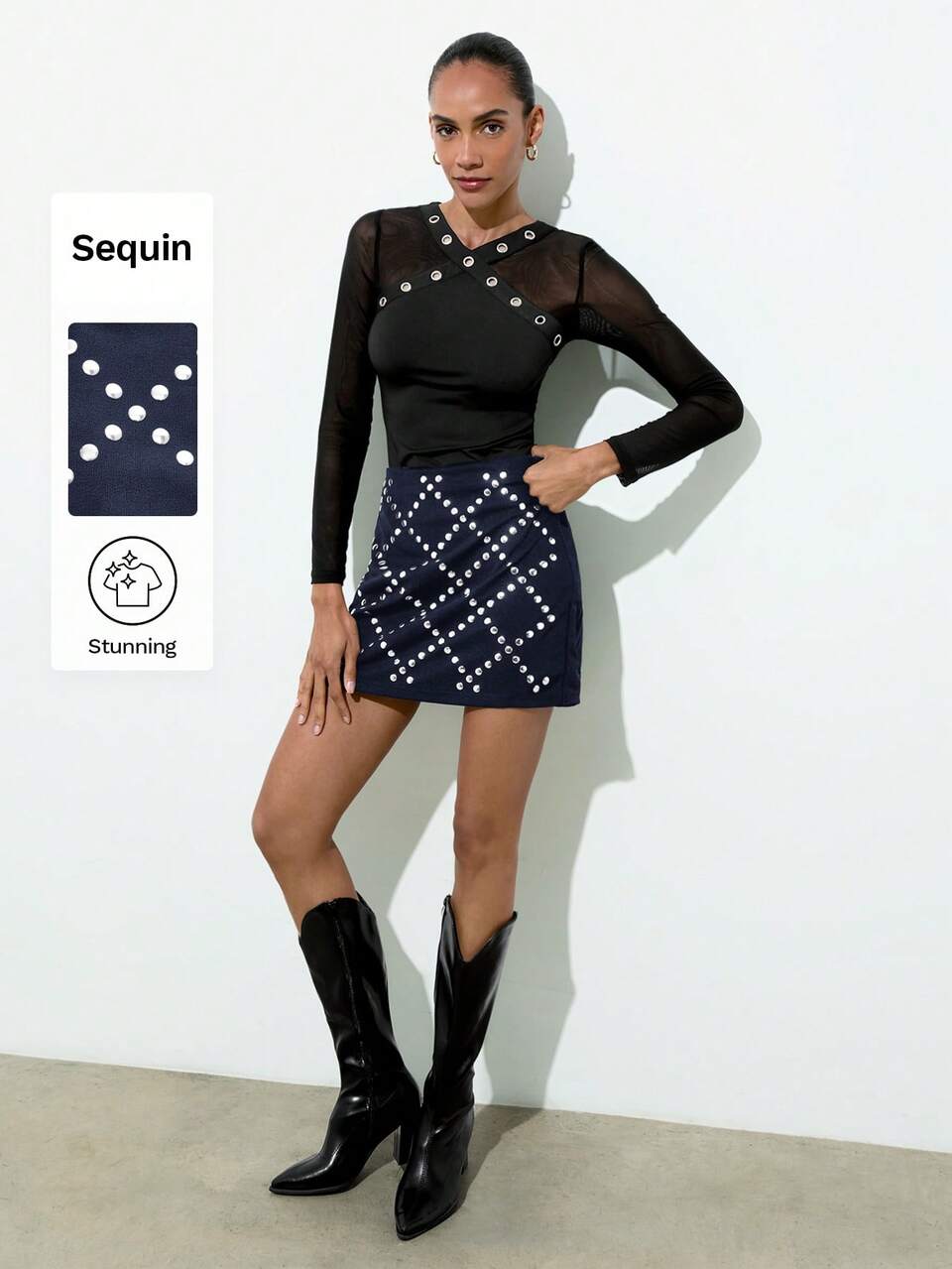 SHEIN Maija Women's Diamond Lattice Rhinestone Embellished Mid-Waist Mini Skirt,Navy Blue,Autumn,Punk,Night,Business Casual Office Wear,Elegant Valentine's Day