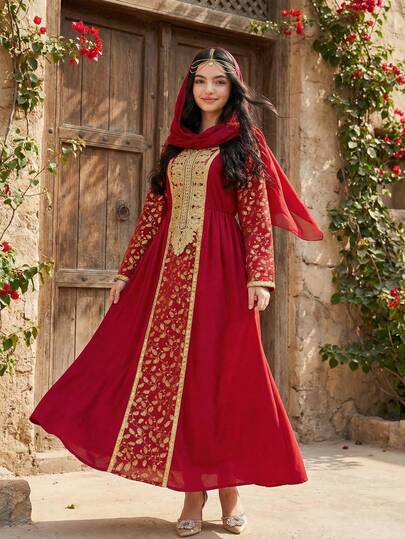 少女连衣裙，饰有金属叶子图案，长袖，胸前和袖口饰有金色滚边，适合中东节日、春夏穿着，奢华酒红色连衣裙，后背配有隐形拉链。