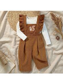 Loomiva Baby Girl Cartoon Squirrel Pattern Round Neck Ruffle Hem Sleeveless Jumpsuit