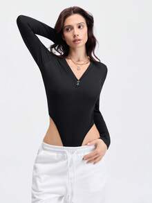 Loungeista 1pc Autumn/Winter Brushed Jumpsuit, V-Neck Button Closure Slimming Casual Yoga Activewear Outerwear Thermal Versatile Women Bodysuit - Black - View 7