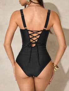 Shapewave 2pcs Women's Black Ruched Side Bikini Set, Fashionable Beach Vacation Swimwear - Black - View 2