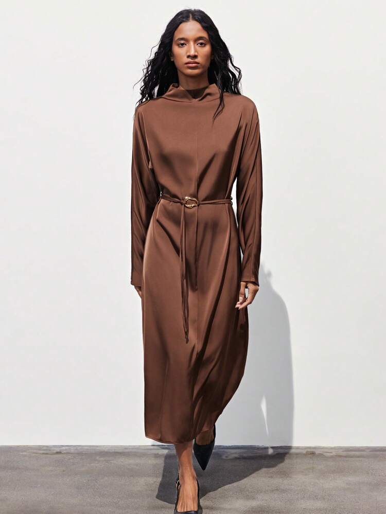 SHEIN Maija Women's Solid Color Dress With Collar Design And Waist Belt Decor, Paired With Long Sleeves, Overall Minimalist And Elegant Style. Waist-Cinching Design Flatters The Figure, Suitable For Both Business And Casual Wear, Showcasing Feminine Confidence And Sophistication.