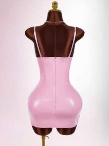 Amplova Váy ngủ latex màu hồng cho nữ, váy bó sát kiểu áo ngực gợi cảm với dây đai eo bo xương - Hồng - Xem 4