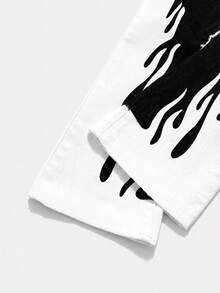 SHEIN 年轻男孩时尚 Y2K 水洗火焰图案高弹修身蓝色牛仔喇叭裤，适合春夏和街头服饰 - 黑色 - 查看 4