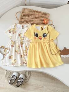 Playful Pals 2pcs/Set Baby GirlCute Duck & Chick Print Short Sleeve A-Line Dress, Suitable For Spring/Summer Outings, Photoshoots Or Everyday Wear - Multicolor - View 10