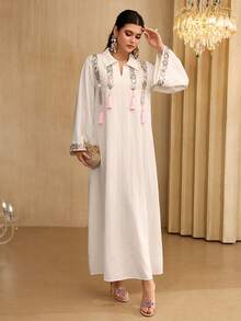 Al Najma Colorful Beaded Floral Trim & Fringed Decor Long Sleeve White Blouse - White - View 8