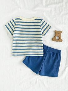 SHEIN Vintaside Kids 2pcs Toddler Infant Baby Boys Fashion Black & White Striped Waffle Knit Fabric Pocket Round Neck Short Sleeve T-Shirt And Black Elastic Waist Letter Patch Shorts Set, Summer - Blue - View 3