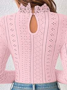 SHEIN Frenchy Guipure 成人蕾丝拼接镂空刺绣高领T恤连体衣 - 淺粉色 - 查看 6