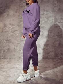 SHEIN SXY 大码休闲宽松圆领长袖厚款卫衣，紫色，秋冬 - 紫色 - 查看 5