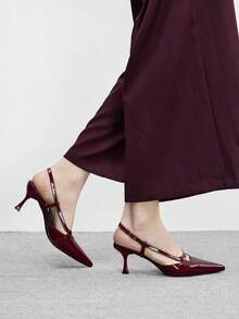 CUCCOO BIZCHIC Women's Pointed Toe Burgundy Patent Leather Backless Ankle Strap Minimalist All-Match Stylish Commute Daily Versatile Stiletto High Heels Valentine's Day - Burgundy - View 4