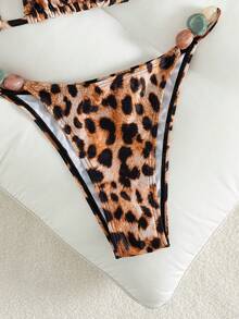 Swim Vcay 女士春夏沙滩音乐节豹纹露背吊带比基尼套装，饰有串珠，时尚性感度假风 - 彩色 - 查看 3