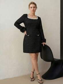 MOTF PREMIUM Đầm ngắn tay dài cổ vuông, tay dài, chất liệu vải tweed, đính ngọc trai giả, cỡ lớn, thích hợp cho tiệc thu đông. - màu đen - Xem 6