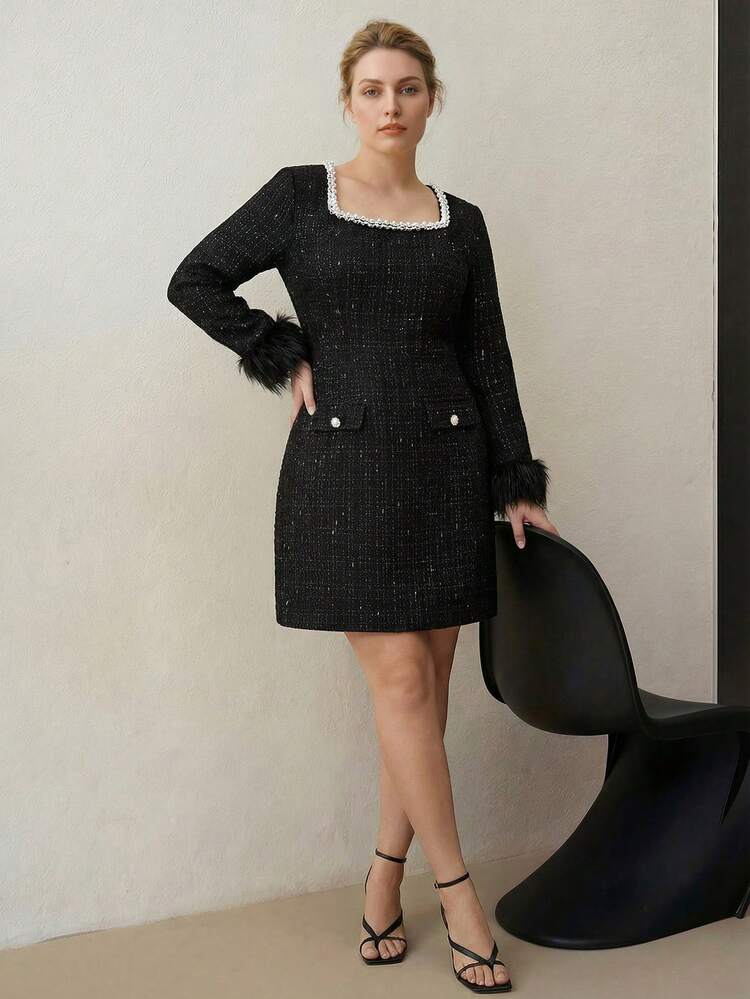 PLUS SIZE TWEED FAUX PEARLS SQUARE NECK FAUX FUR CUFF LONG SLEEVE SHORT DRESS, AUTUMN/WINTER PARTY