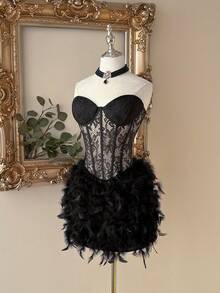 Lovelzi Elegant Black Lace Fabric Strapless Corset Bodycon Mini Dress Wedding Guest Party Cocktail Prom Banquet Dress - Black - View 5