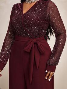 Truni 大码优雅V领束腰网眼拼布长袖连体裤 - 酒紅色 - 查看 6