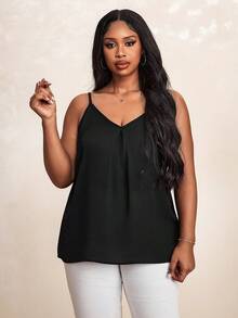 Blusa de tirantes plisada casual de unicolor para mujer de talla grande para verano - Negro - Ver 4