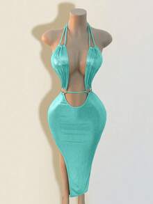 Mistrie 女士纯色露背性感连衣裙 - 薄荷藍 - 查看 3
