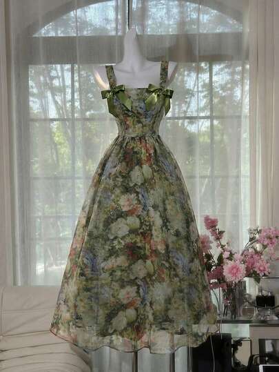 SHEIN MOD Women's Floral Print Bow Decor Elegant Waist Cinched Long Party Dress,Holiday Outfits,Tea Party Dress,Vintage Dress,Valentine's Day Dress,Garden Party Formal Dress,Spring Break Outfits,Summer Dress,Beach Dress,Wedding Party Dress,Holiday Outfits Wildflower Dress Floral Formal Dress Garden Dress