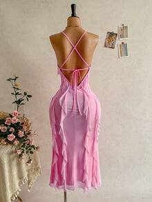 Soleia Đầm dự tiệc cưới phong cách miền Tây, dự lễ tốt nghiệp, tiệc brunch, thích hợp cho mùa Xuân/Hè, đi nghỉ mát, lễ Phục Sinh, các lễ hội âm nhạc, kiểu dáng boho nhiệt đới thanh lịch, ngày Valentine, tiệc tùng, mùa cưới, hở lưng, buộc dây, màu hồng, chất liệu lưới dành cho nữ. - Hồng - Xem 2