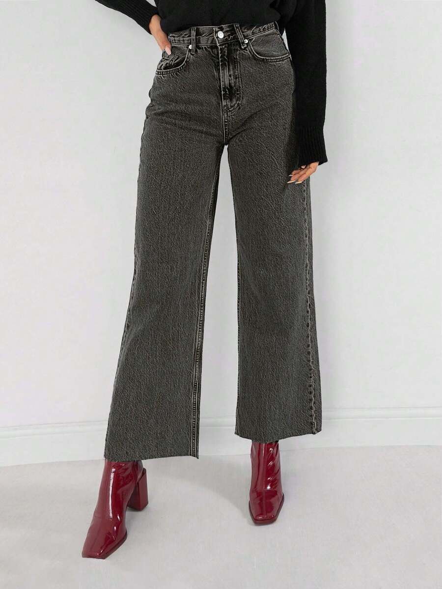 SHEIN PETITE 100%Cotton Raw Hem Wide Leg Jeans Petite - Light Grey - View 1