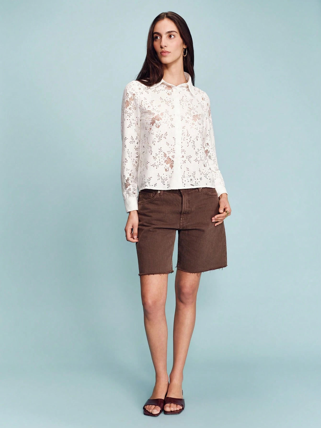 Romantic White Floral Button Front Shirt With Classic Collar Long Sleeves In Delicate Floral Lace Fabric Feminine Spring Summer Blouse French Style Parisian Style