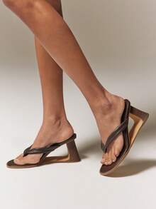 SHUZIA 女士时尚休闲套脚人字拖坡跟凉鞋 - 巧克力棕 - 查看 2