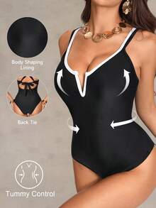 Shapewave 2026  Spring/Summer Vacation Tummy Control Black & White Double Strap V-Neck One-Piece Swimsuit, Elegant & Sophisticated, Spring/Summer Resort,New Women's Swimwear ArrivalFor School,Suitable For Holiday, Date, Afternoon Tea, Western, Cruise, Beach, Island, Road Trip, All Seasons, Music Festival, Boho Vacation,Bohemian Vacation, Chill Autumn ,Western Boho ,Elegant Tops For Women Black Bathing Suit Women One Piece Bathing Suit Swimsuit For Women Bathing Suit Full Coverage One Piece Bathing Suit Cut Out Tummy Control Swimsuit - Black - View 1