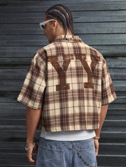 AXEPEAK Multi-Size Men's Turndown Collar Short Sleeve Loose Fit Printed Side Seam Patchwork Shirt