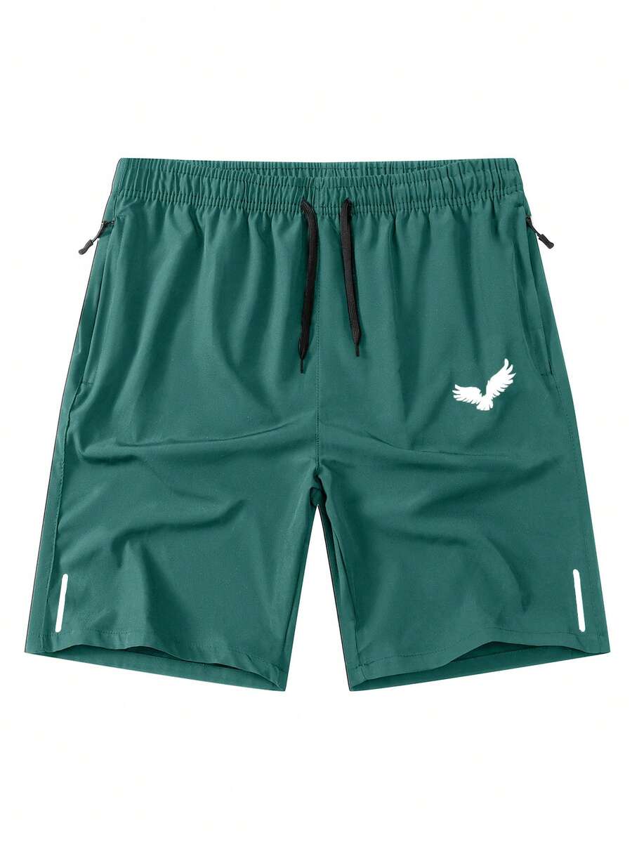 Manfinity Homme 男士夏季休闲运动日常通勤鸟类印花抽绳腰拉链斜插口袋短裤 - 軍綠色 - 查看 1