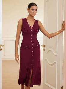 Chiquease Wine Red Metal Button Design Bow Decor Pocket Sleeveless Romantic Elegant Delicate Hollow Knit Women Sweater Dress - Rusty Rose - View 5