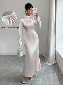 Rafferiza 女士优雅串珠缎带褶皱长裙 - 淺粉色 - 查看 4