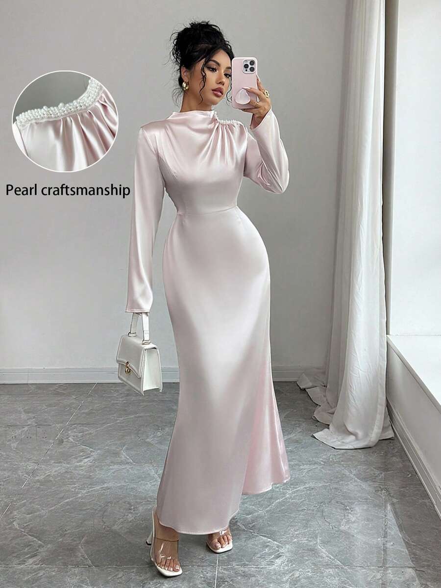 Rafferiza Women's Elegant Beaded Ribbon Ruched Long Dress - Baby Pink - View 1