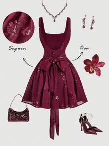 SHEIN MOD 女士优雅亮片花卉刺绣露背迷你连衣裙 - 酒紅色 - 查看 6