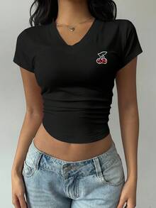 SHEIN BASICS Women's Casual V-Neck Ruched T-Shirt, Suitable For Summer