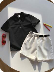 3件套男童针织Polo衫、T恤和短裤套装，红色短袖衬衫，针织上衣搭配白色短裤（含腰带），舒适休闲时尚，适合春、夏、秋、冬四季穿着，室内外皆宜，可日常穿着，也适合运动、派对、拍照、节日、街头风、返校、圣诞节、新年等场合。 - 黑色 - 查看 8