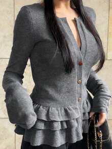 FRIFUL Women's Cardigan Hem Layered Cake Decor T-Shirt - Grey - View 2