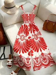 SHEIN Franclia Women's Versatile Casual Elegant Classic Fashionable Vacation Style Charming Urban Business Office Commute Valentine's Day Date Party Beach Printed Jumpsuit Pants - Red and White - View 2