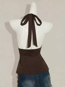 SHEIN ICON Y2k Women's Going Out Boho Brown Halter Backless Babydoll Tank Top Spring To Summer - Brown - View 2