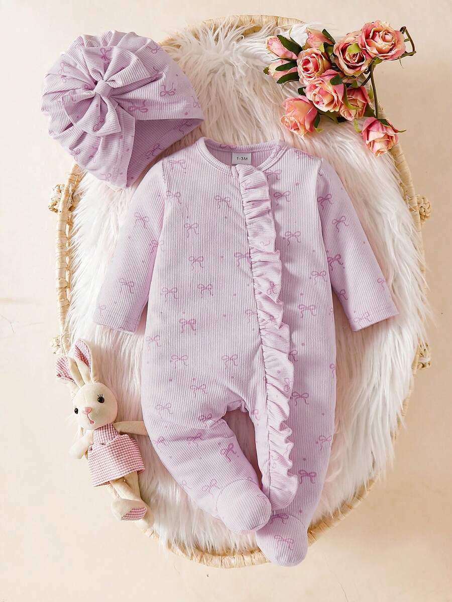 SHEIN Newborn Infant Bow Print Cute Baby Romper Jumpsuit + Hat, Autumn/Winter