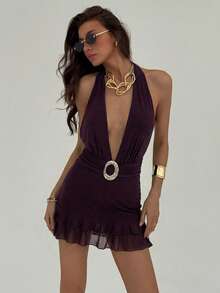 Aloruh 女士性感时尚纯色金属褶皱腰部多层下摆露背吊带迷你连衣裙，夏季 - 紫色 - 查看 5