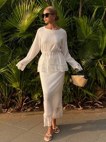 DAZY 女士度假风花卉蕾丝拼接落肩长袖上衣和中长裙两件套 - 白色 - 查看 6