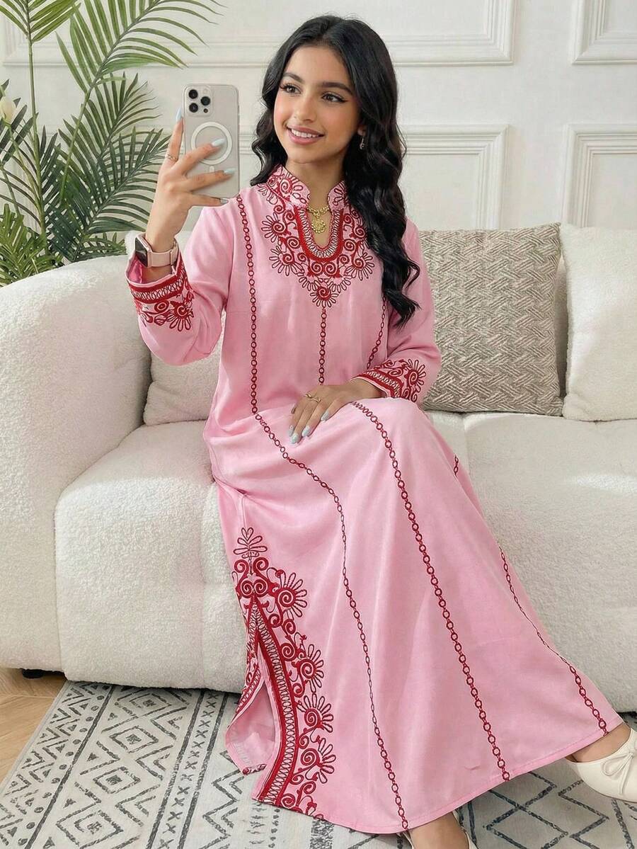 SHEIN Robe à encolure échancrée avec imprimé floral et ourlet fendu pour jeune fille - Rose bonbon - Voir 1