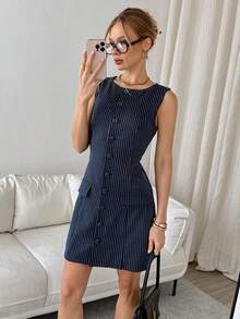 Siren Gaze 女士条纹单排扣圆领无袖休闲迷你连衣裙 - 藍色 - 查看 3